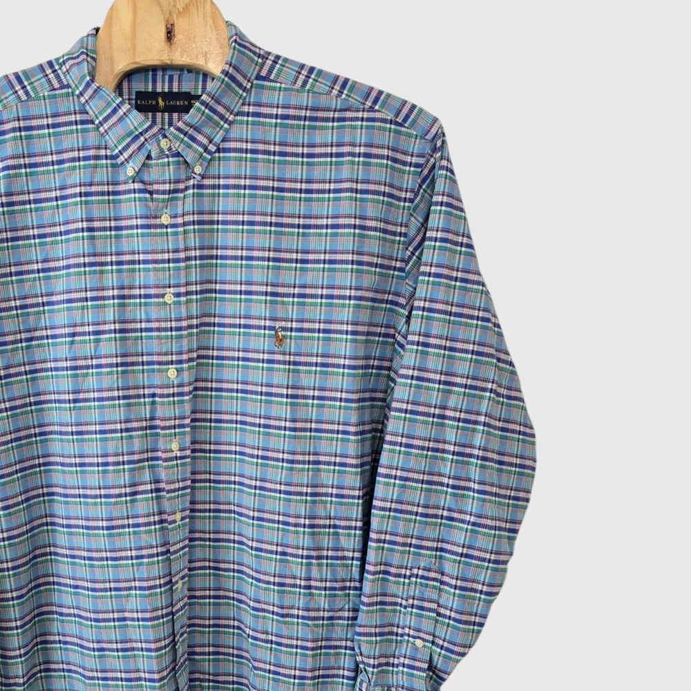 Ralph Lauren Mens 4XLT Tall Blue Green Plaid Cotton Button Dn Long Sleeve Shirt